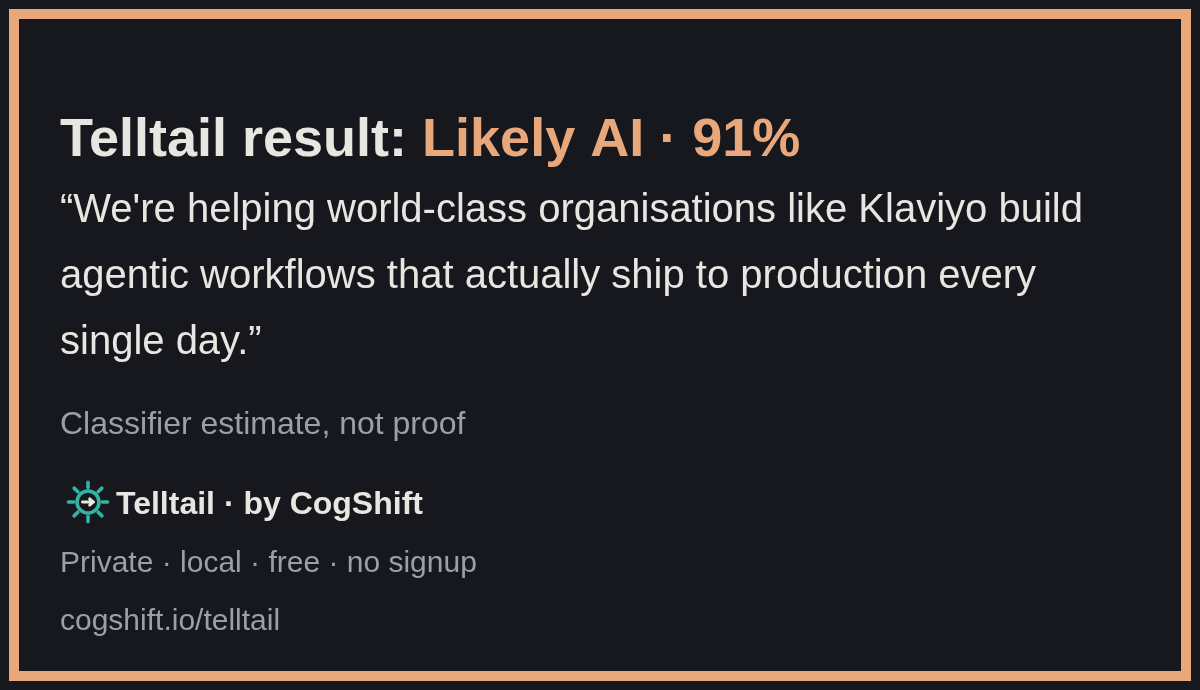 A Telltail share card: Telltail result: Likely AI · 91%, a short quoted excerpt, the line Classifier estimate, not proof, and the footer Telltail · by CogShift · Private · local · free · no signup · cogshift.io/telltail.